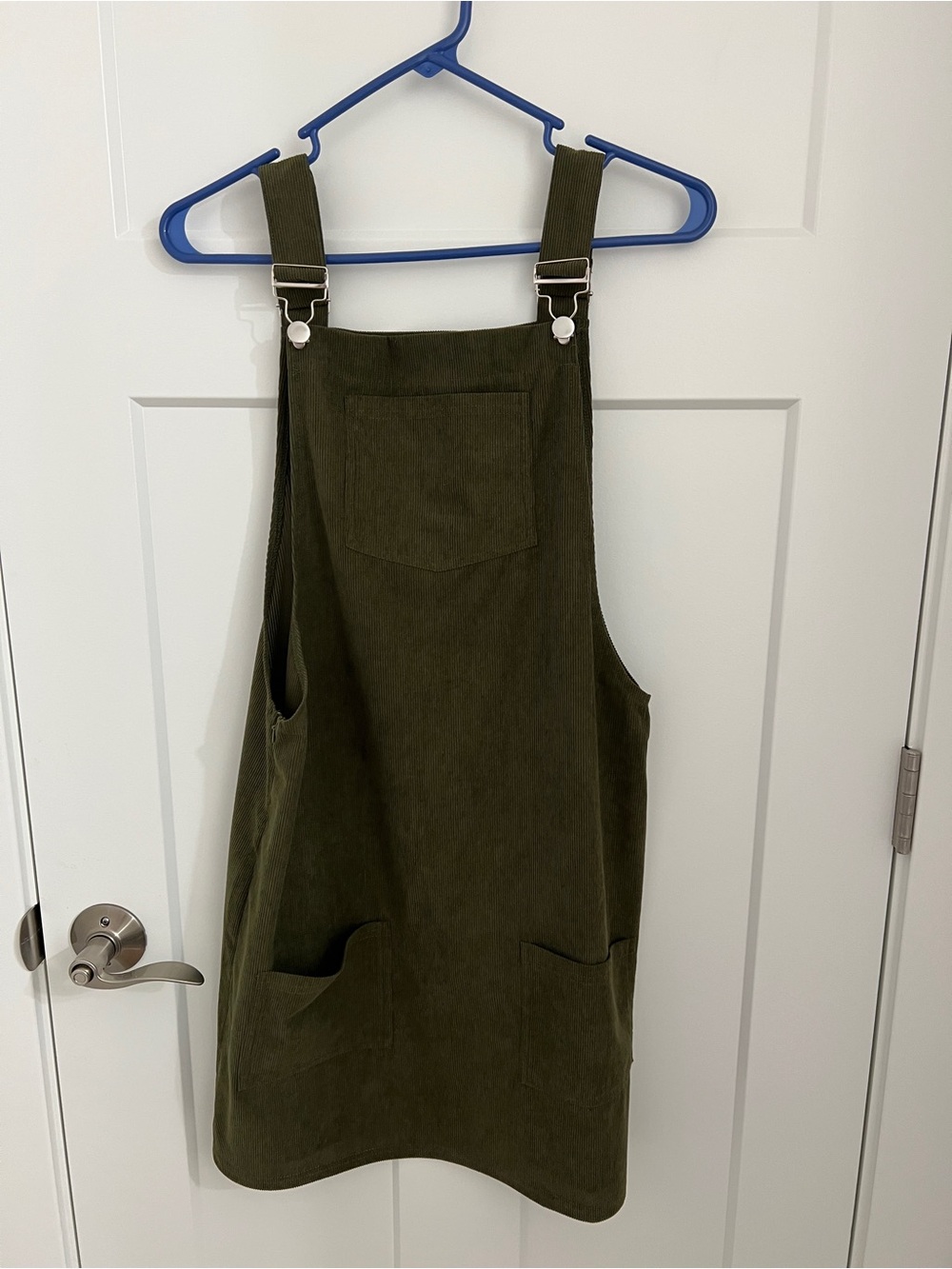 Olive Green Thin Corduroy Apron Dress with Three Front Pockets